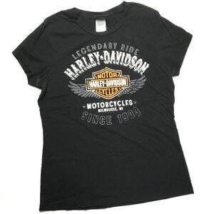 Harley Davidson Classic Logo Tee Black Orange Short Sleeve‎ Motorcycle Women's L